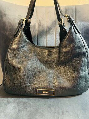 DKNY Black Pebbled Soft Leather Triple Compartment Hobo Bag